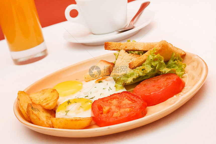 早餐食物餐厅面包咖啡油炸盘子蛋黄黄色红色午餐图片