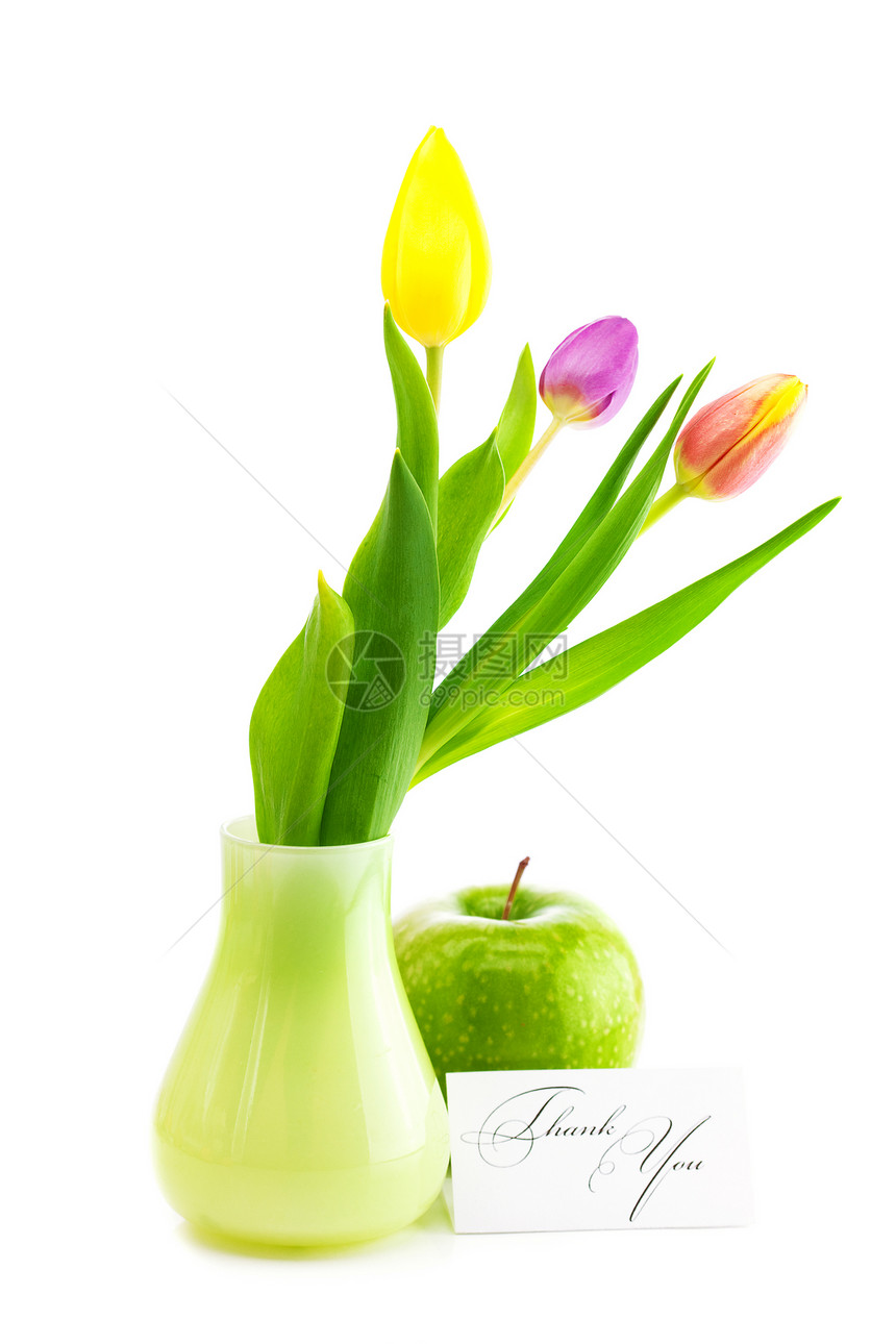 花瓶 苹果和一张签名的卡片中的彩色郁金香叶子玻璃回应植物写作脚本礼物笔记邀请函框架图片