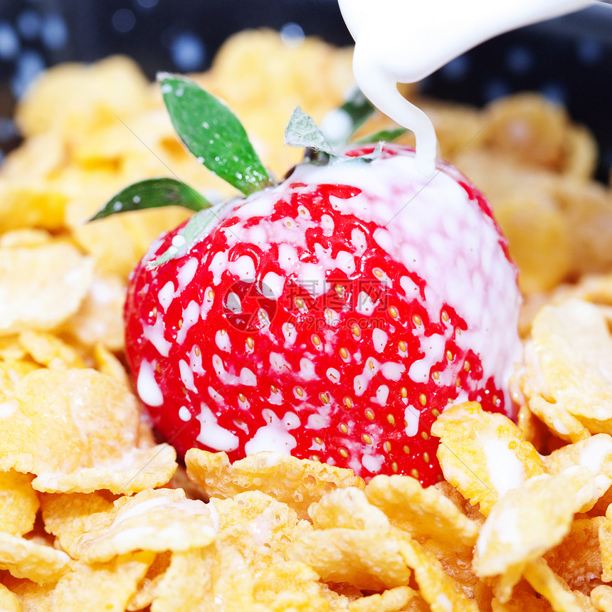 碗中的草莓 牛奶和片片子谷物燕麦用具小吃早餐厨房水果饮料玉米勺子图片
