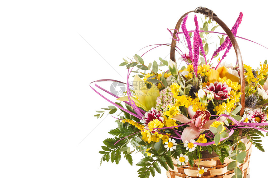 篮子里的鲜花兰花紫色百合花瓶雏菊婚礼蓝色植物群订婚绣球花图片