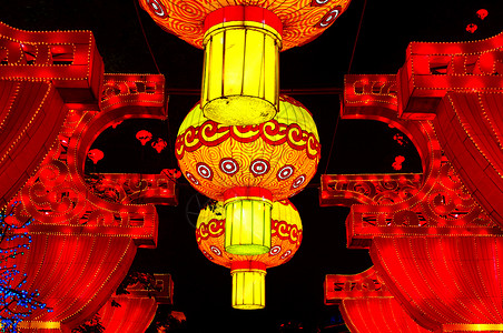 中国灯笼旅行团体圆形节日红色黄色展览背景图片