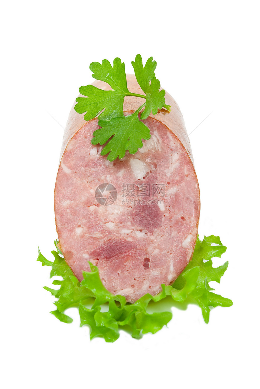 配绿色蔬菜的香菜午餐炙烤香肠热狗火腿食物猪肉图片