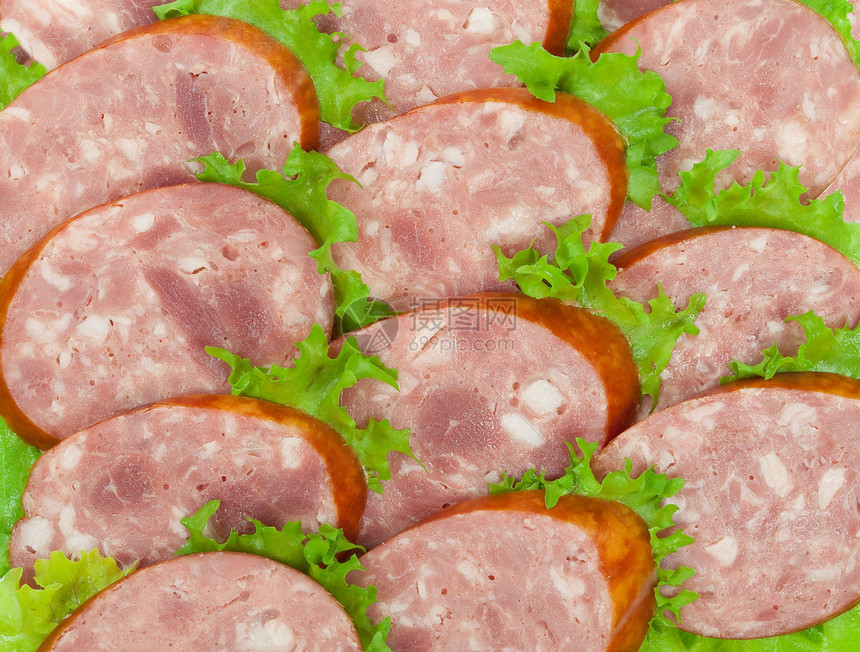 切咸菜和生菜火腿香肠绿色食物炙烤沙拉蔬菜午餐猪肉热狗图片