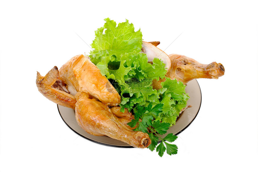 带新鲜蔬菜的灰鸡红色绿色盘子家禽香料美食饮食白色烧烤香菜图片