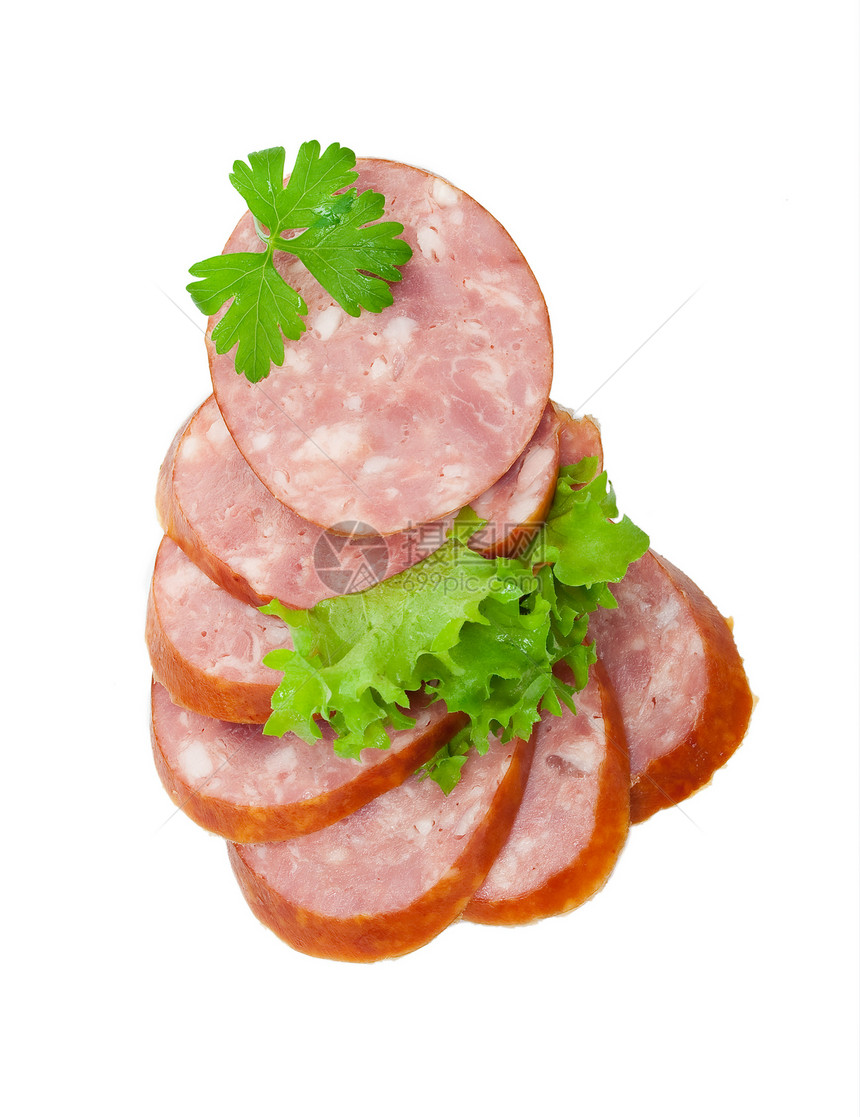 配绿色蔬菜的香菜午餐香肠猪肉炙烤食物沙拉火腿图片