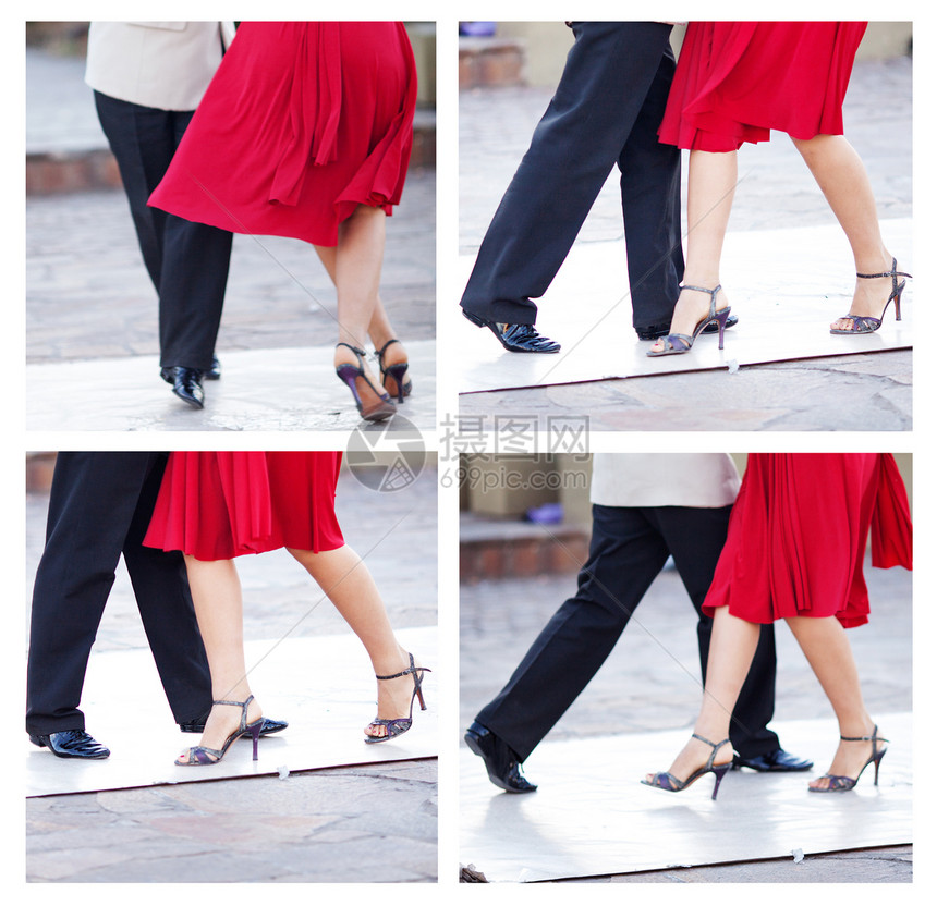 一对在布宜诺斯艾利斯A街上跳探戈的情侣街道男人舞蹈夫妻电话姿势拉丁裙子城市衣服图片