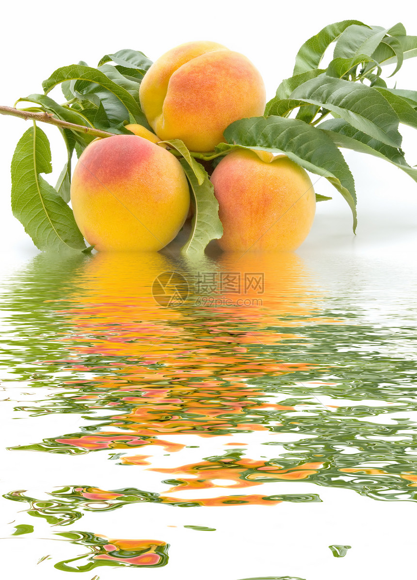 桃子和水白色甜点植物群饮食水果植物素食维生素反思季节图片