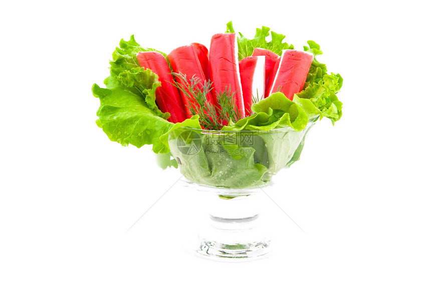 新鲜生菜和螃蟹肉食物莴苣长叶白色营养植物叶子蔬菜绿色蟹肉图片