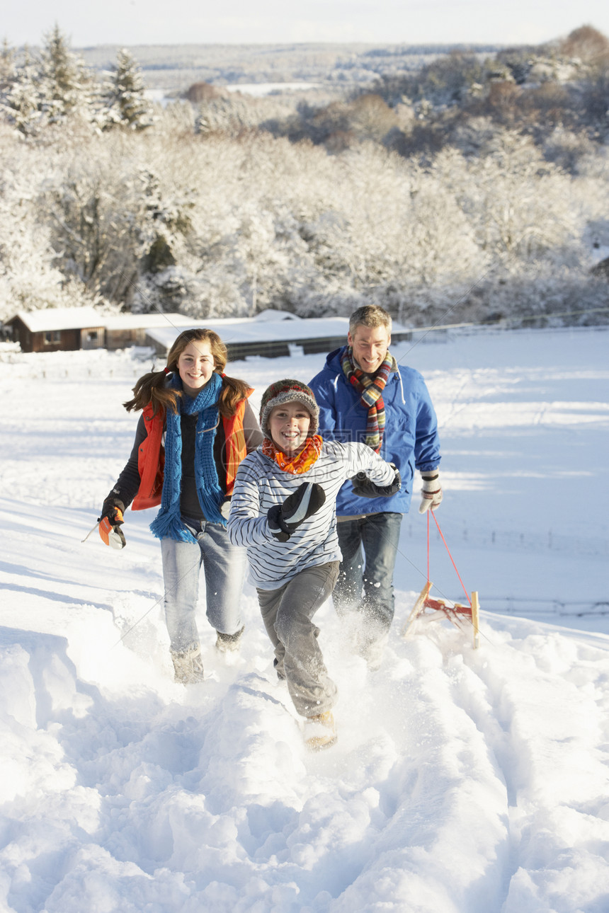 父亲和孩子们拉起滑雪雪山笑声林地树木下雪场景季节爬坡女孩围巾雪橇图片