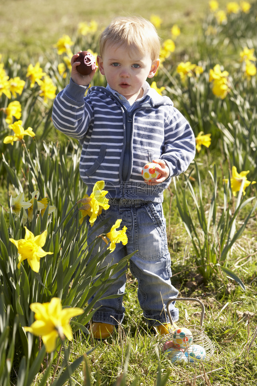 球场复活节鸡蛋猎猎的年轻男孩装饰微笑水仙花享受男性男生场地花园隐藏季节性图片