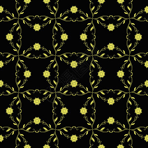 无肖恩无长花型植物叶子条纹黑色装饰创造力墙纸黄色绘画插图插画