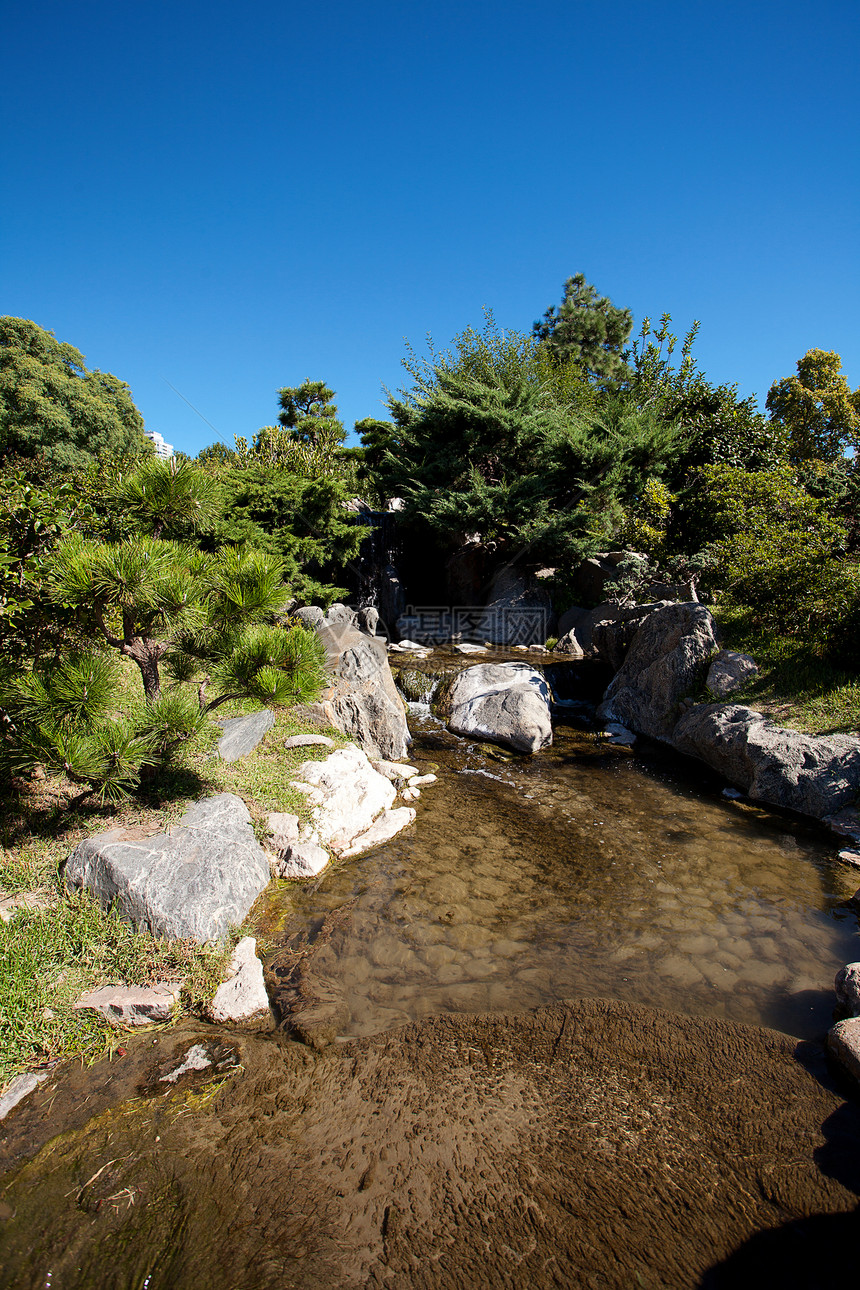 蓝色背景的隐形树 岩石和瀑布冥想木头公园行人森林建筑学爬坡天桥平衡花园图片
