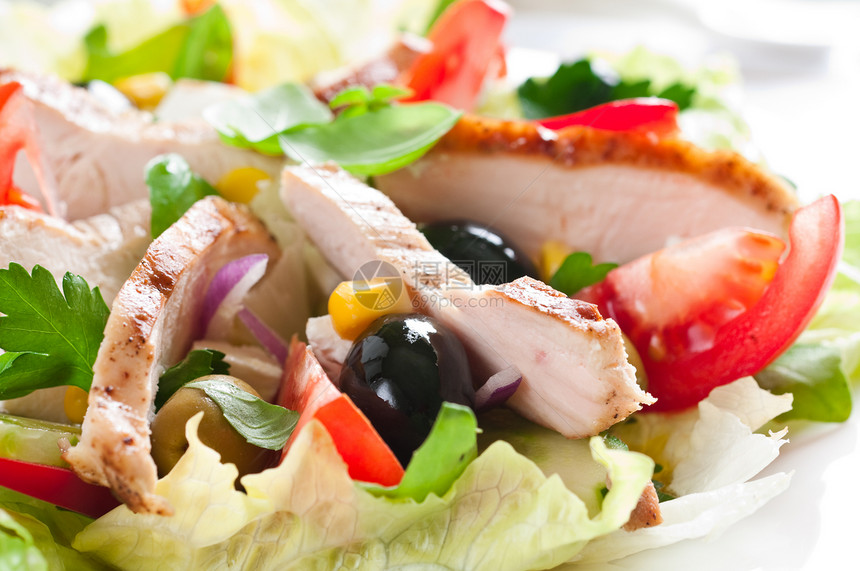 鸡肉沙拉午餐宏观盘子焦点水平蔬菜绿色美食白色香菜图片