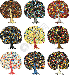 色彩多彩的树木森林衬套植物插图叶子收藏背景图片
