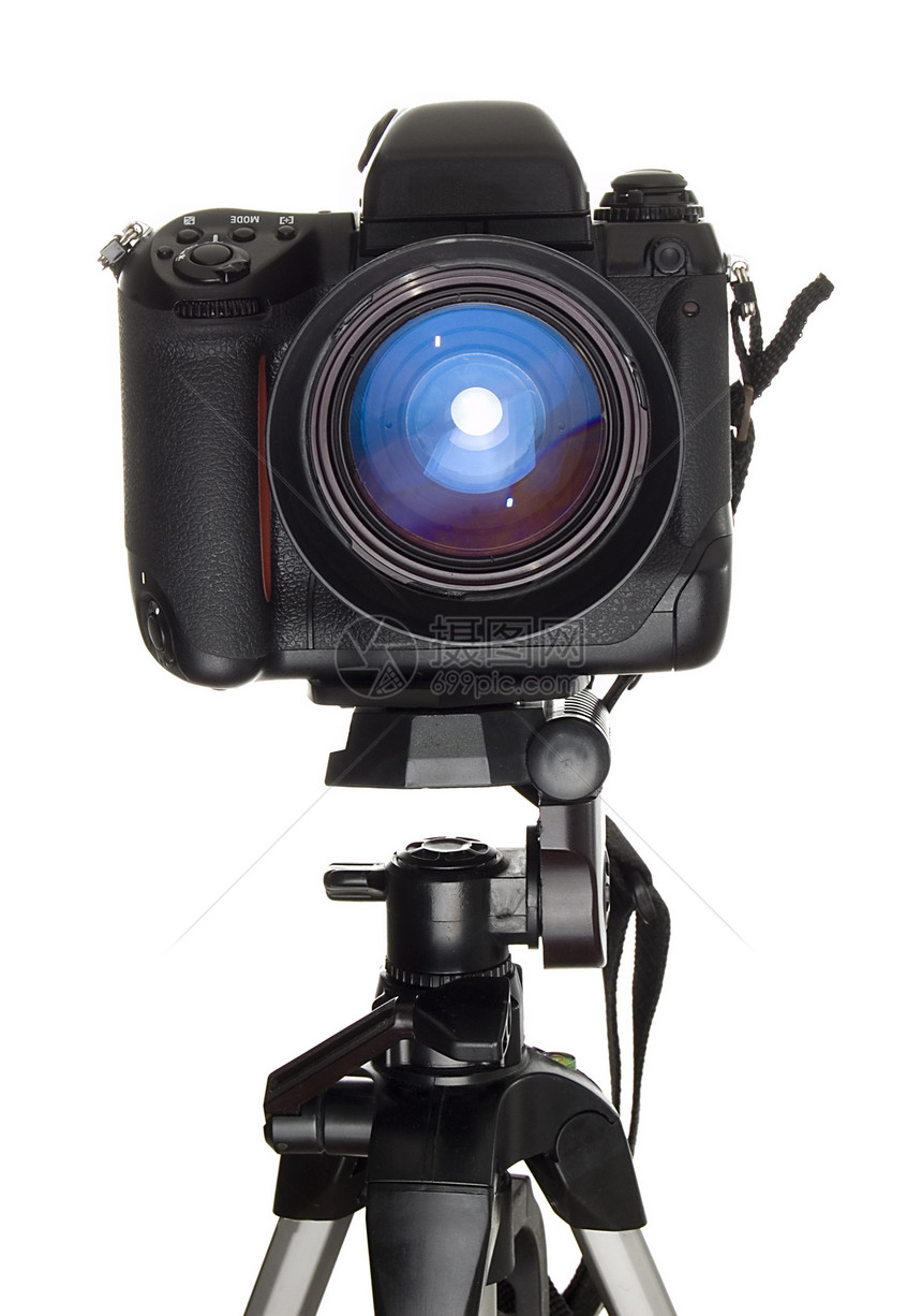 专业数码照相机蓝色照片三脚架单反镜片宏观金属摄影师反射摄影图片
