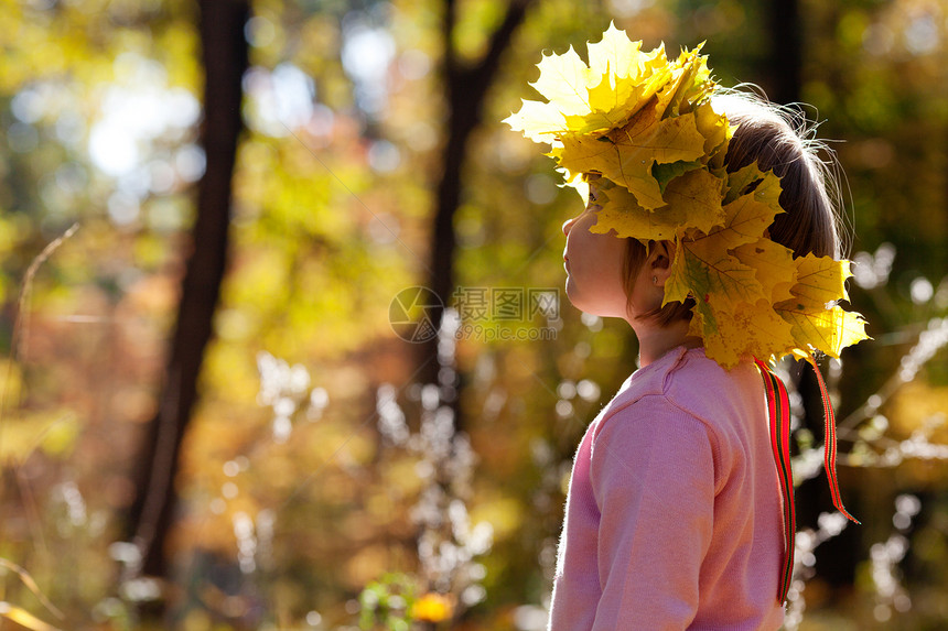 美丽的小女孩 在秋前秋叶的青树叶花圈中季节女性喜悦童年黄色幸福公园孩子压痛叶子图片