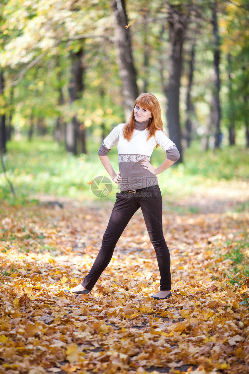 森林中的年轻红发青年少女金子公园喜悦叶子女孩女性青少年跳跃森林幸福图片