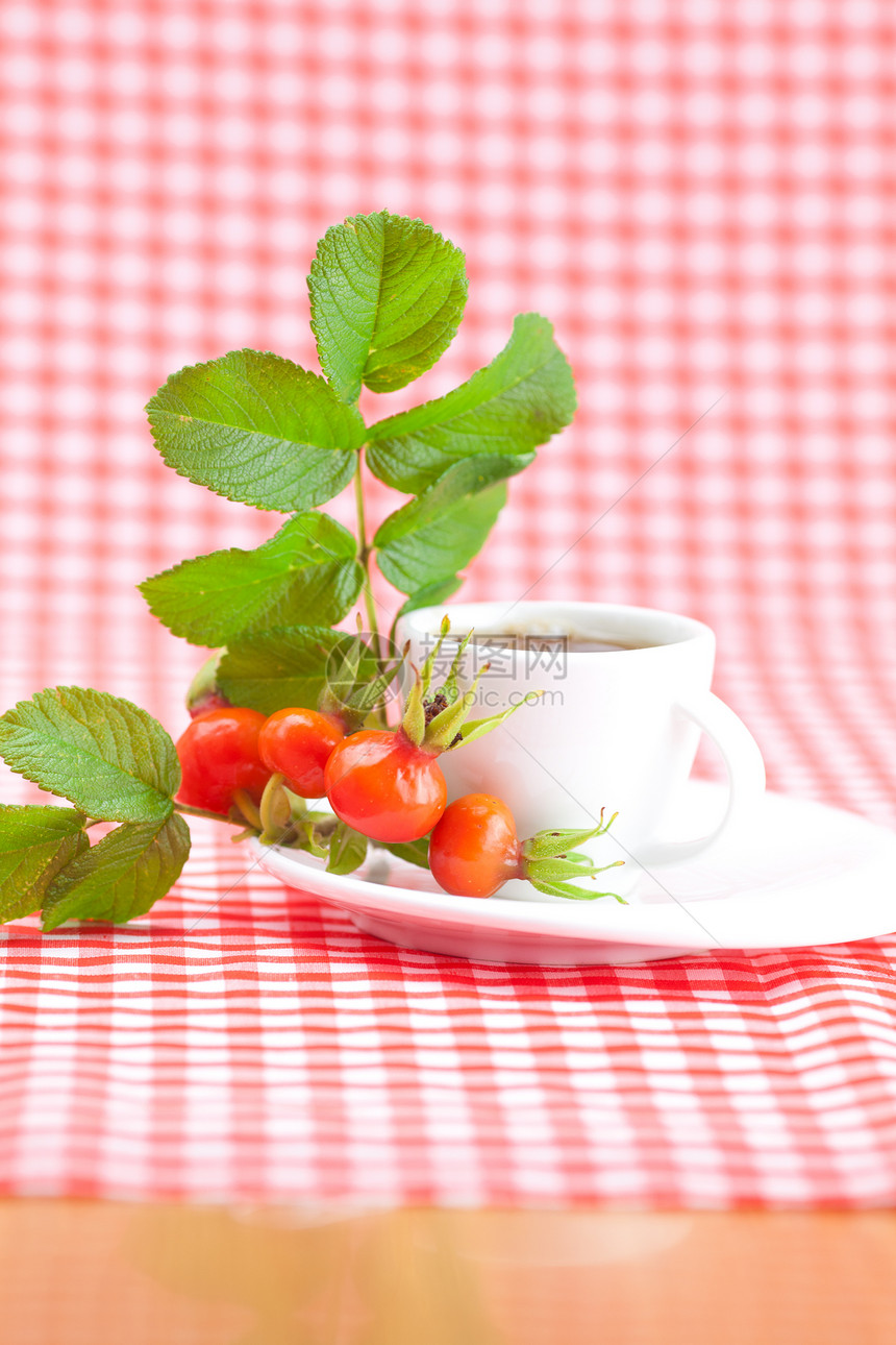 茶杯和玫瑰花果 用树叶敷在格形织布上美丽水果织物野餐国家药品格子野蔷薇叶子甜点图片