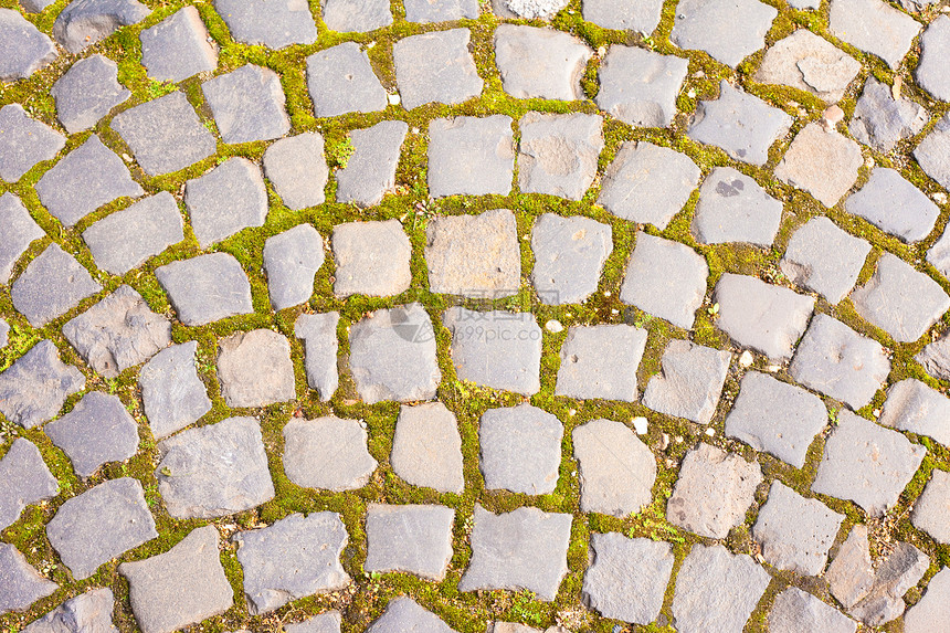 灰锥岩石行道图案正方形途径苔藓灰色小路石头地面街道鹅卵石植物图片