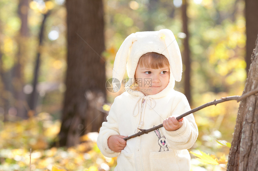 秋天森林中穿着装扮小兔子的漂亮女孩季节叶子橙子快乐兔子女性乐趣童年毛皮孩子图片