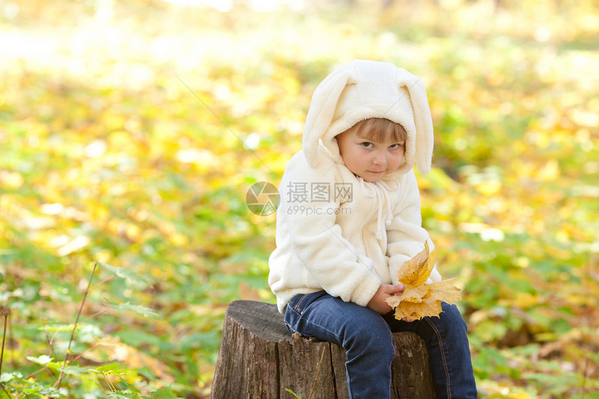 秋天森林中穿着装扮小兔子的漂亮女孩树桩戏服孩子女孩乐趣快乐橙子女性叶子微笑图片