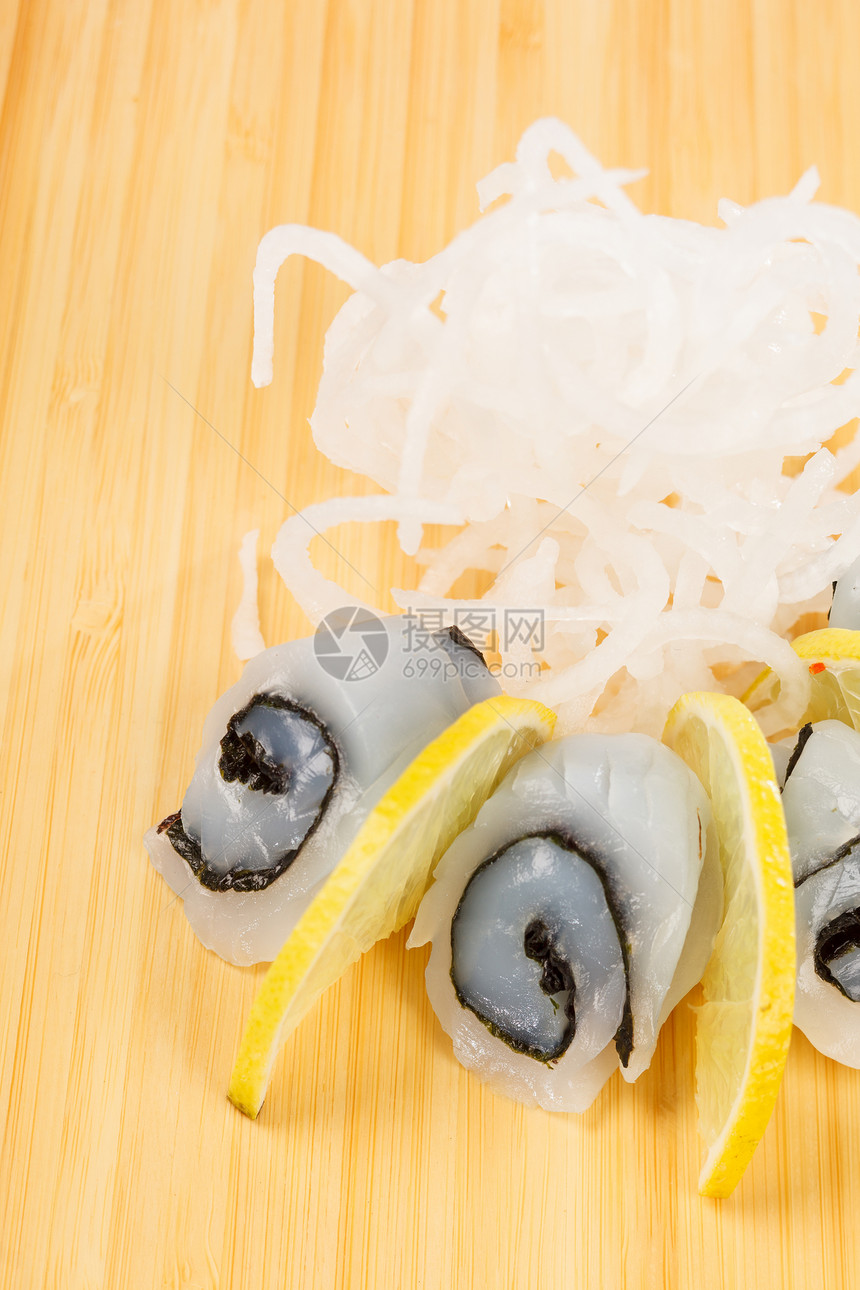 生鱼鱿鱼美食柠檬营养食物鱼片海鲜扇贝熟食海苔图片