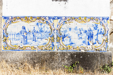特拉奥斯蒙特斯葡萄牙火车站的瓷砖azulejos艺术外观绘画装饰蓝色背景
