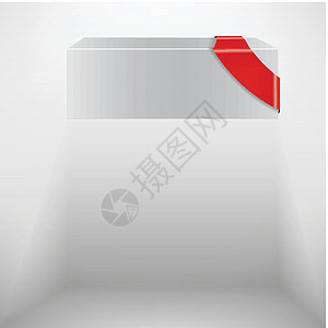 带有红色丝带的抽象矢量白框磁带立方体零售新鲜感插图展示礼物销售横幅阴影设计图片