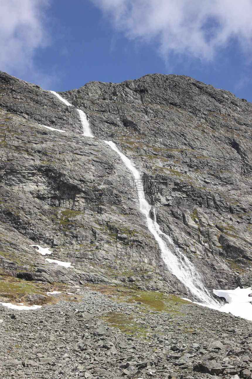 夏季挪威的野生溪流和瀑布力量蓝色岩石松树冰川泡沫天空植被高度荒野图片