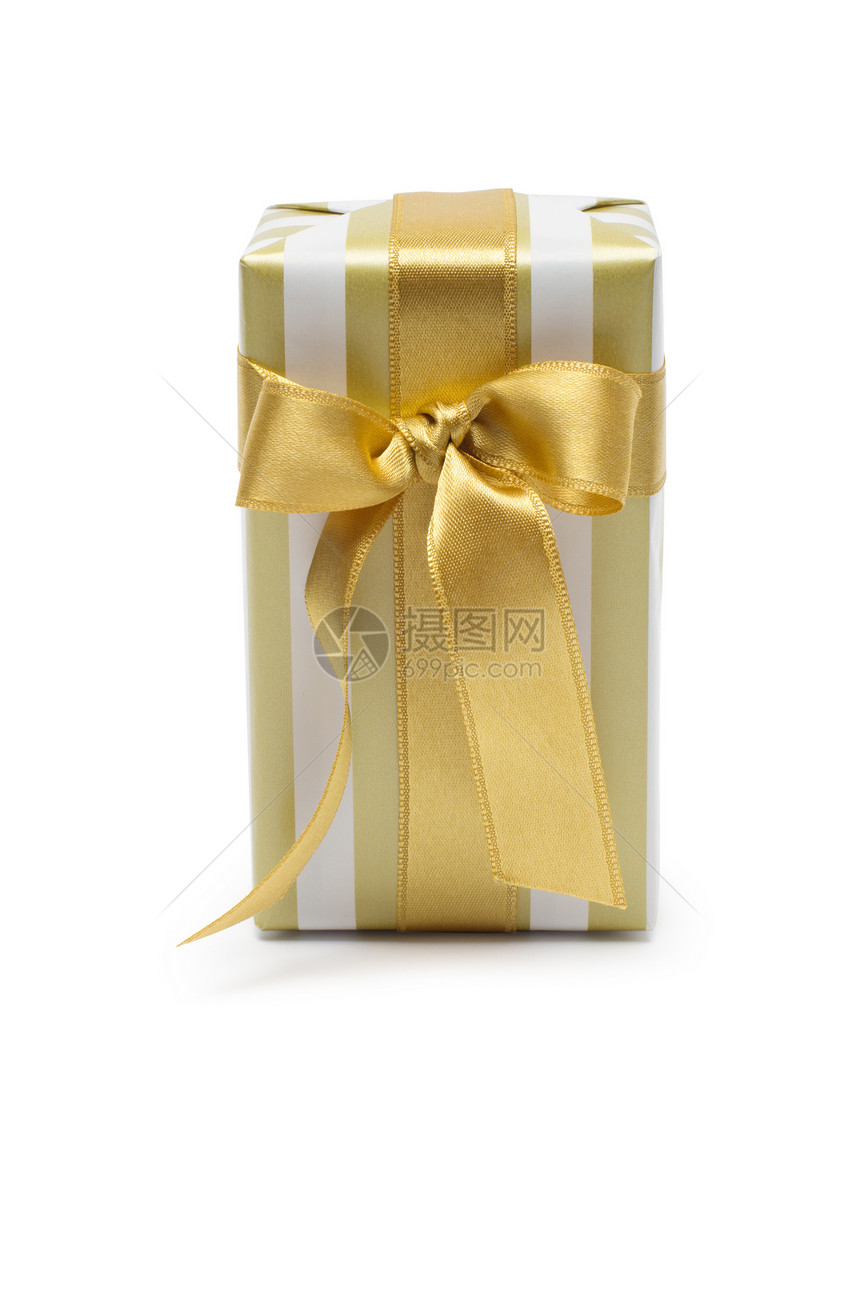 金色双色的礼物盒 配有金色的带和弓 在白色背景上隔绝生日金子婚礼周年正方形庆典零售纪念日纸板包装图片