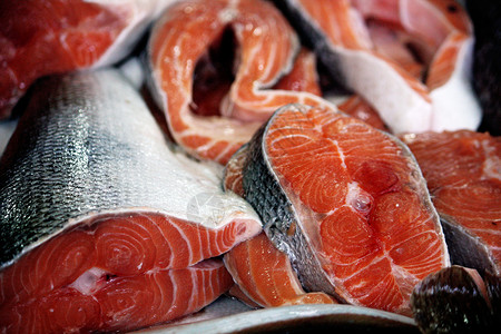 新鲜鲑鱼红色海鲜市场寿司牛扒鳟鱼背景图片