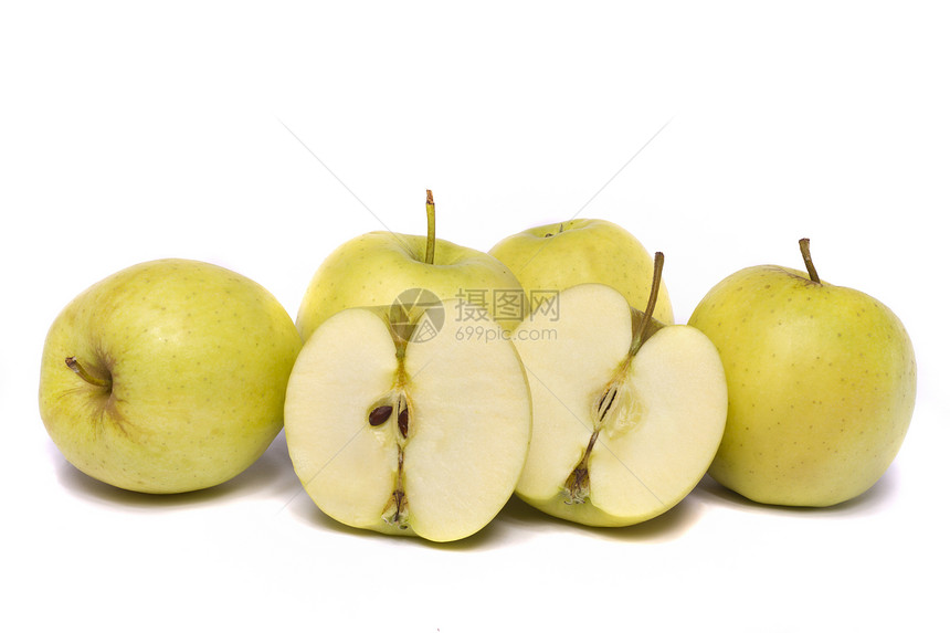 一群黄苹果团体宏观水果黄色金子食物白色图片