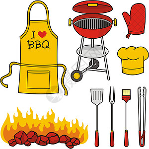 木炭火复选图标红色橙子帽子烹饪炊具手套围裙木炭插图煤炭插画