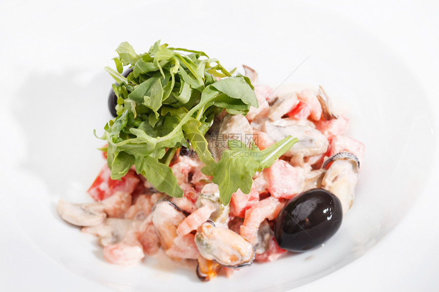 海鲜沙沙拉低脂肪蔬菜午餐叶子环境火箭饮食美食餐厅宏观图片
