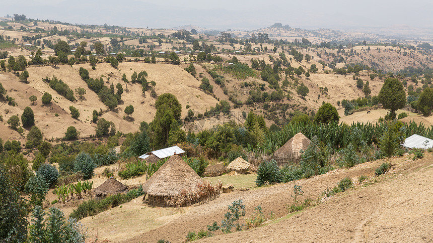 山丘上的村庄小屋图片