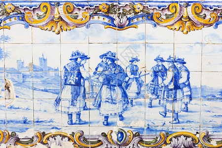 葡萄牙火车站的瓷砖azulejos装饰艺术国家蓝色外观绘画农村背景图片