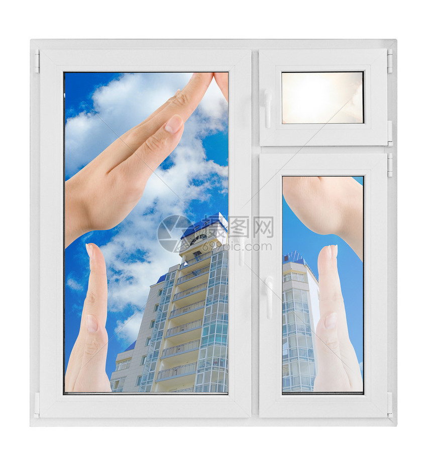 塑料窗口天空财产房间框架蓝色木头插图玻璃住宅云景图片