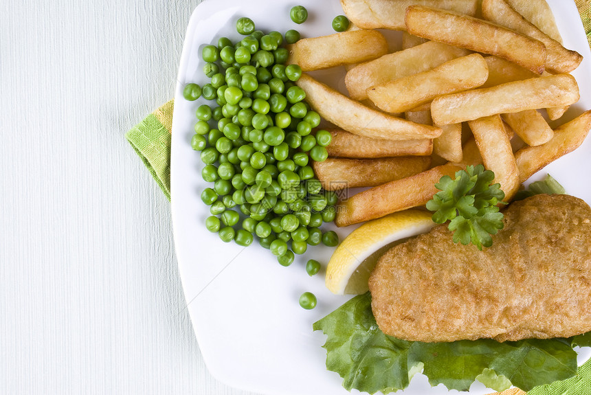 鱼和薯片海鲜食物宏观鳕鱼垃圾土豆香菜饮食英语柠檬图片