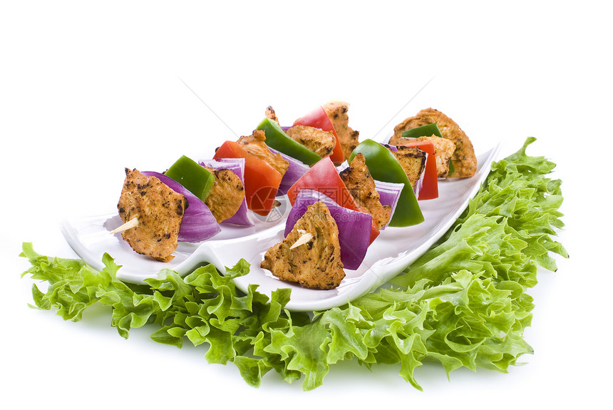 鸡肉叉沙拉辣椒盘子面包块健康树叶绿色蔬菜食物营养图片