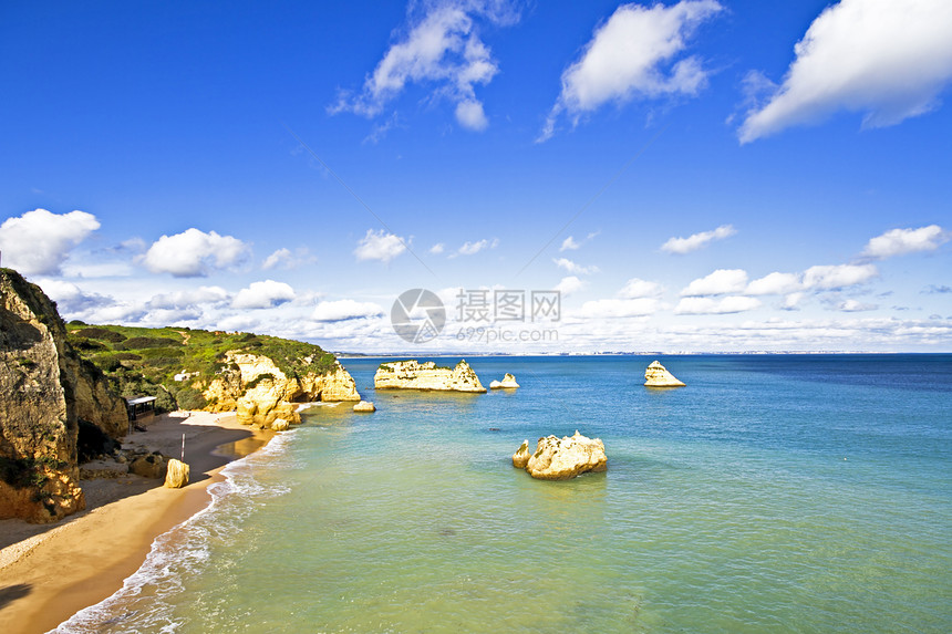 葡萄牙拉各斯附近南海岸的自然岩块岩石旅游石头海浪海岸线海洋图片