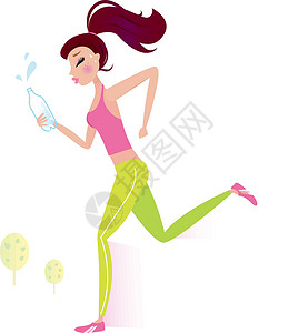 跑步水带水瓶的慢跑或运行健康女子插画