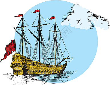 帆船索具旗帜桅杆旅行插图锦旗天空绘画游泳海洋背景图片
