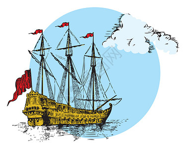 帆船海洋旅行锦旗插图绘画桅杆游泳旗帜索具天空背景图片