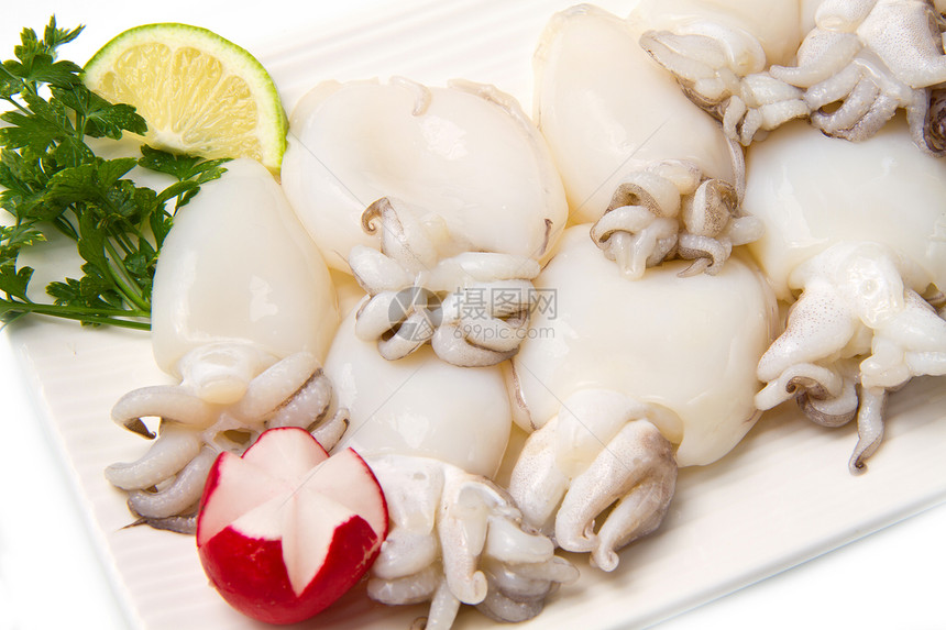 新鲜的白鱼午餐香味盘子制品乌贼陶瓷牙齿蔬菜海鲜绿色图片