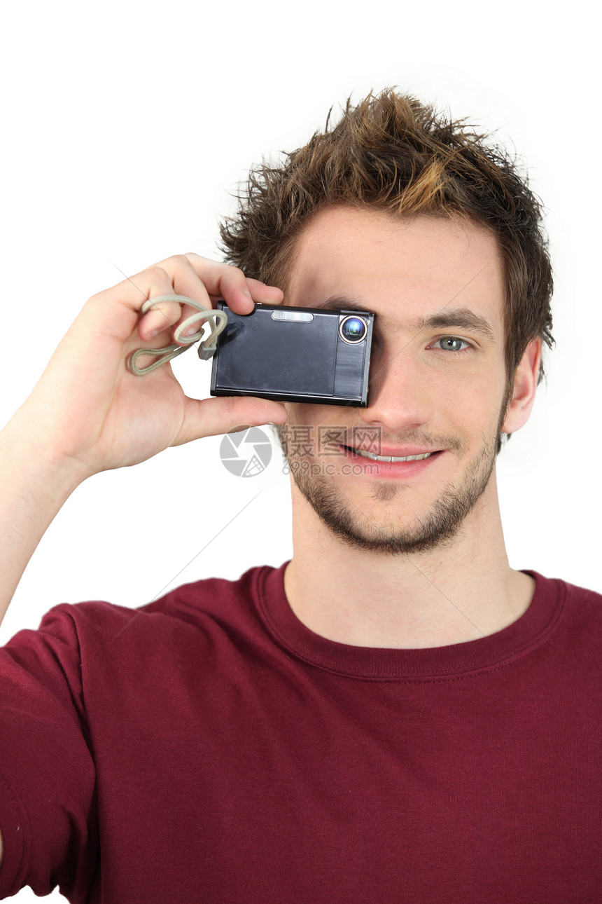 男人拍照头发细胞相机衬衫电话眼睛白色细绳电子邮件摄影图片