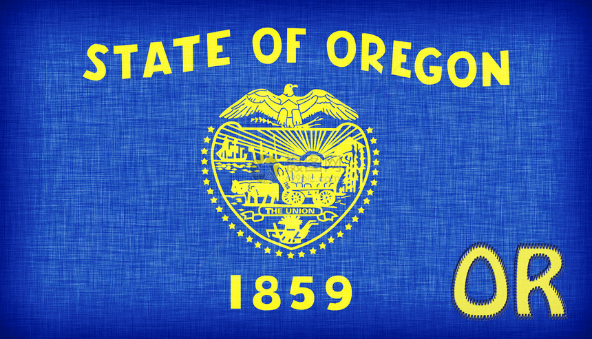 美国俄勒冈州的亚麻旗缩写缝纫国家身份横幅联盟质感缝合效果织物图片