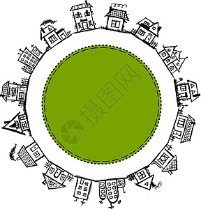 国家破坏你的狗日快乐村 你设计房子的框框墨水插图卡通片圆圈建筑学框架绿色艺术邻居场景设计图片