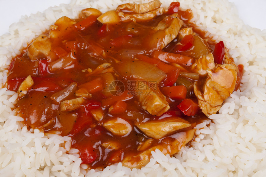 甜的和酸的鸡肉加大米吃饭午餐盘子餐厅时间萝卜美味油炸美食胡椒图片