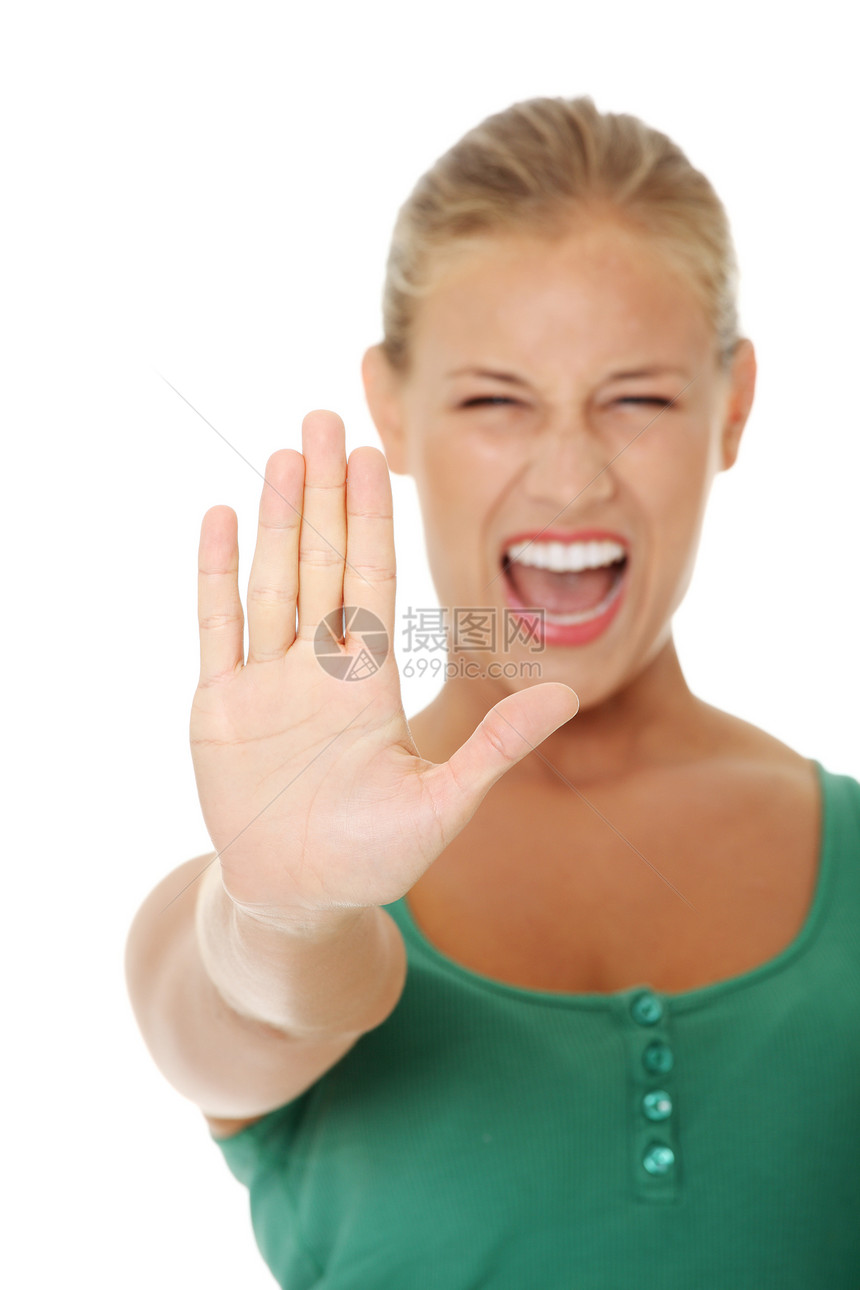 年轻女性做出停止手势的明亮画面女士抑制白色金发棕榈商业尖叫青少年禁令警告图片