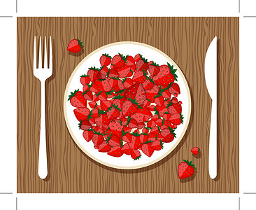 用叉子刺一下盘子上草莓 用叉子和刀在木制背景上设计设计插画